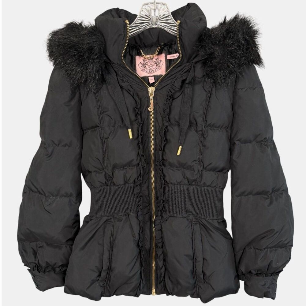 Juicy Couture Girls Black Puffer Coat Faux Fur Hood Gold J Charm Jacket M